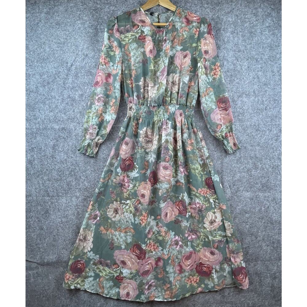 All Sheer Dress Womens Medium Mauve Green Shirred Peasant Country Boho Cottage